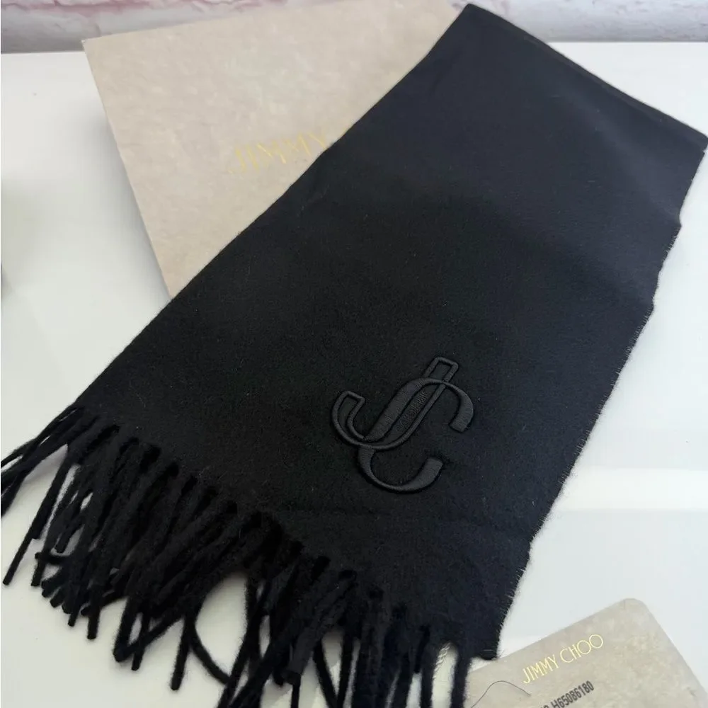 Jimmy Choo NWT Black Monogram Embroidered Fringe Scarf